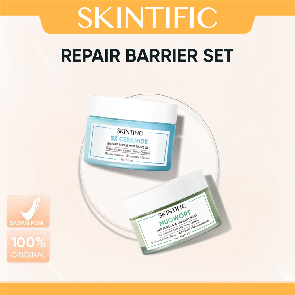 SKINTIFIC Acne Repair Barrier Paket Skincare with 5x Ceramide Moisturizer Cream + Mugwort Mask Anti Acne Mud Mask[BPOM]