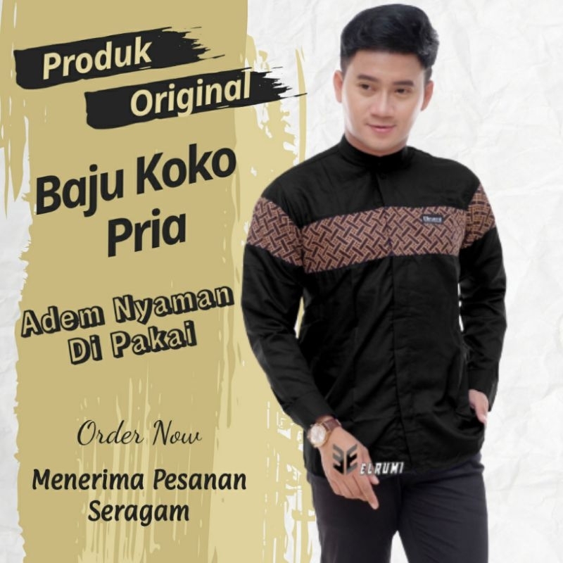 Jual Baju Koko Hadroh Pria Dewasa Lengan Panjang Original Elrumi Terbaru Kombinasi Batik Motif