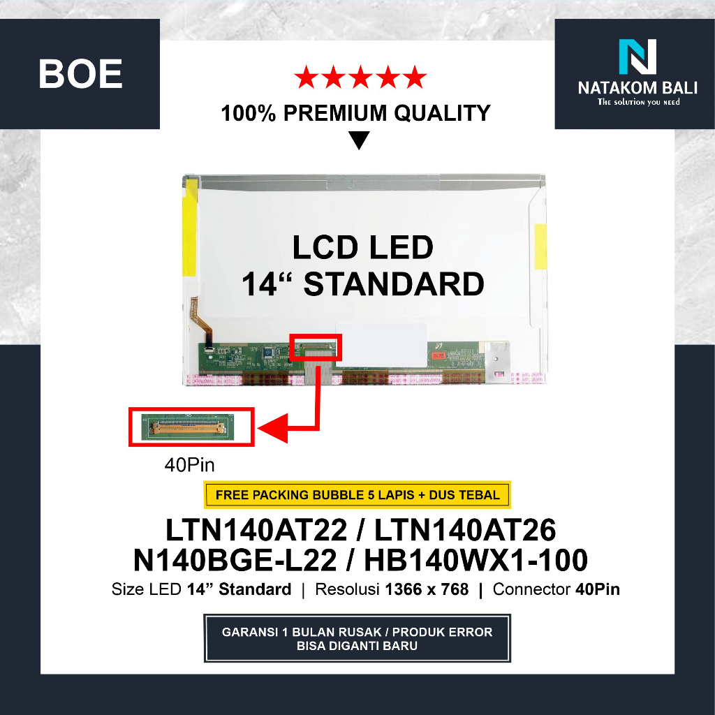 Dalle écran LCD LTN140AT26 14" HD 1366x768 - 40 Pins - Neuf Sous Blister