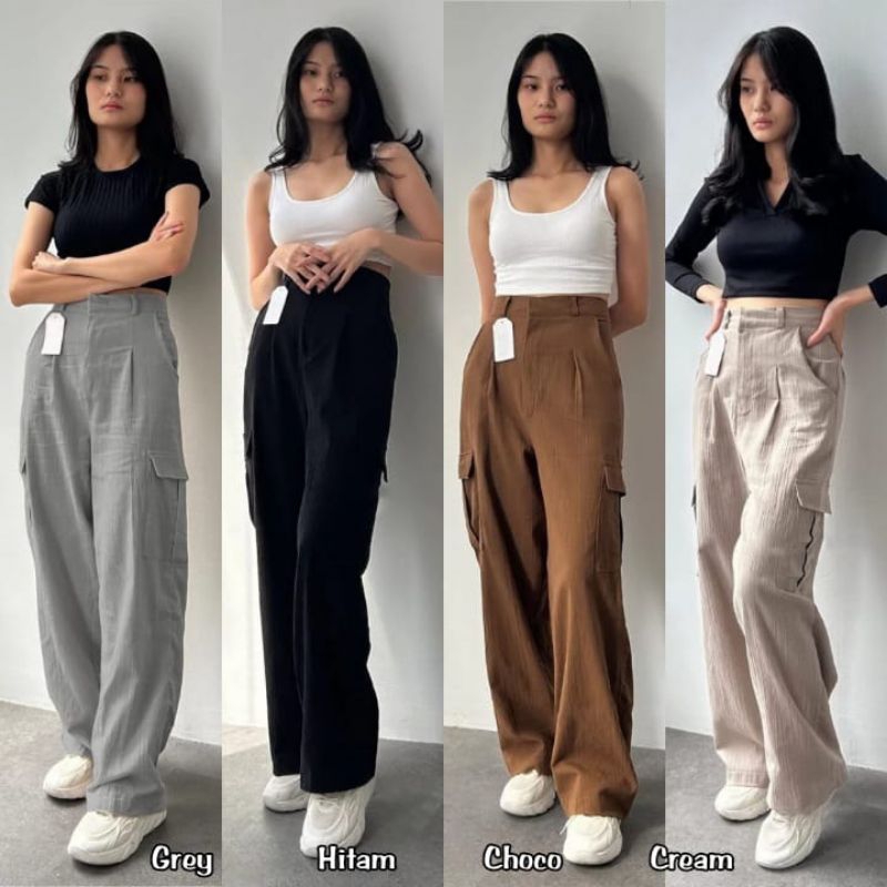 Jual Celana Cargo Highwaist Linen Crinkle Celana Kulot Cargo Wanita Cargo Pants Linen