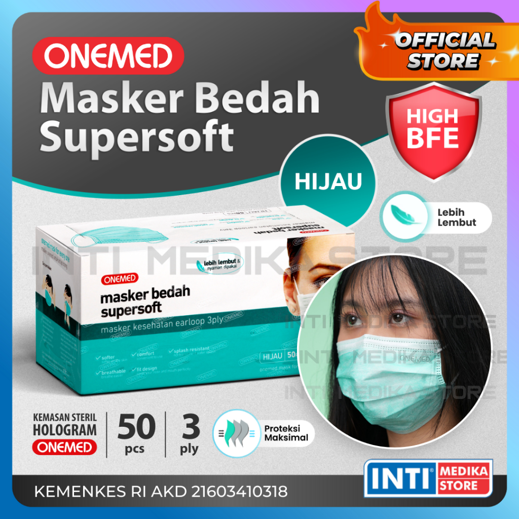 Jual Onemed Masker 3 Ply Medis Supersoft Premium Hijau Kemasan