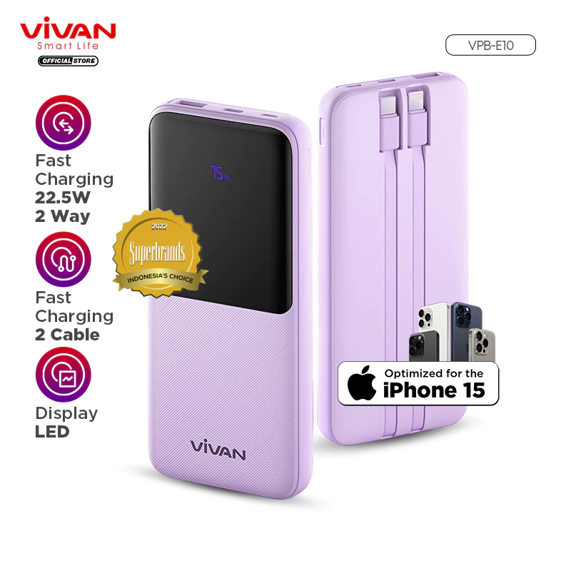 VIVAN Powerbank 10000mAh VPB-E10 4 Output Fast Charging 22.5W PD LED Display Garansi 18 Bulan