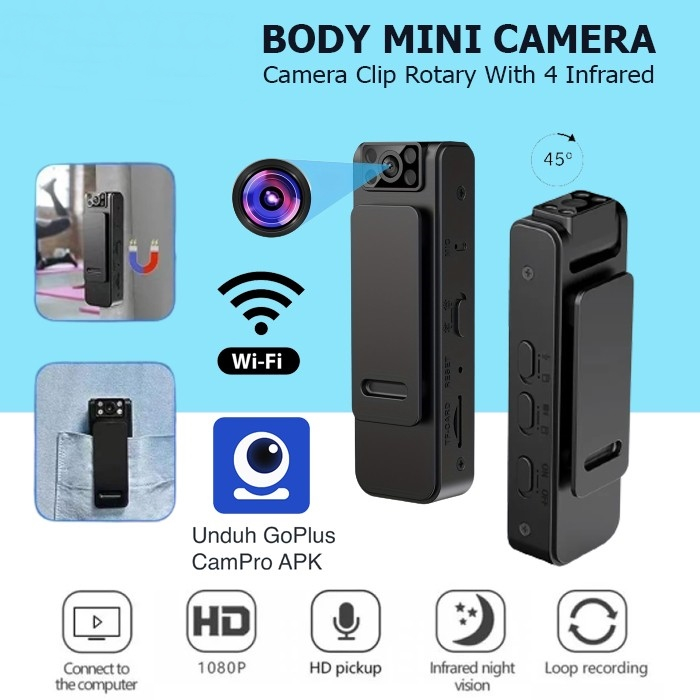 Jual Camera Mini Body WIFI L8 Clip Rotary With Infrared HD 1080P WIFI