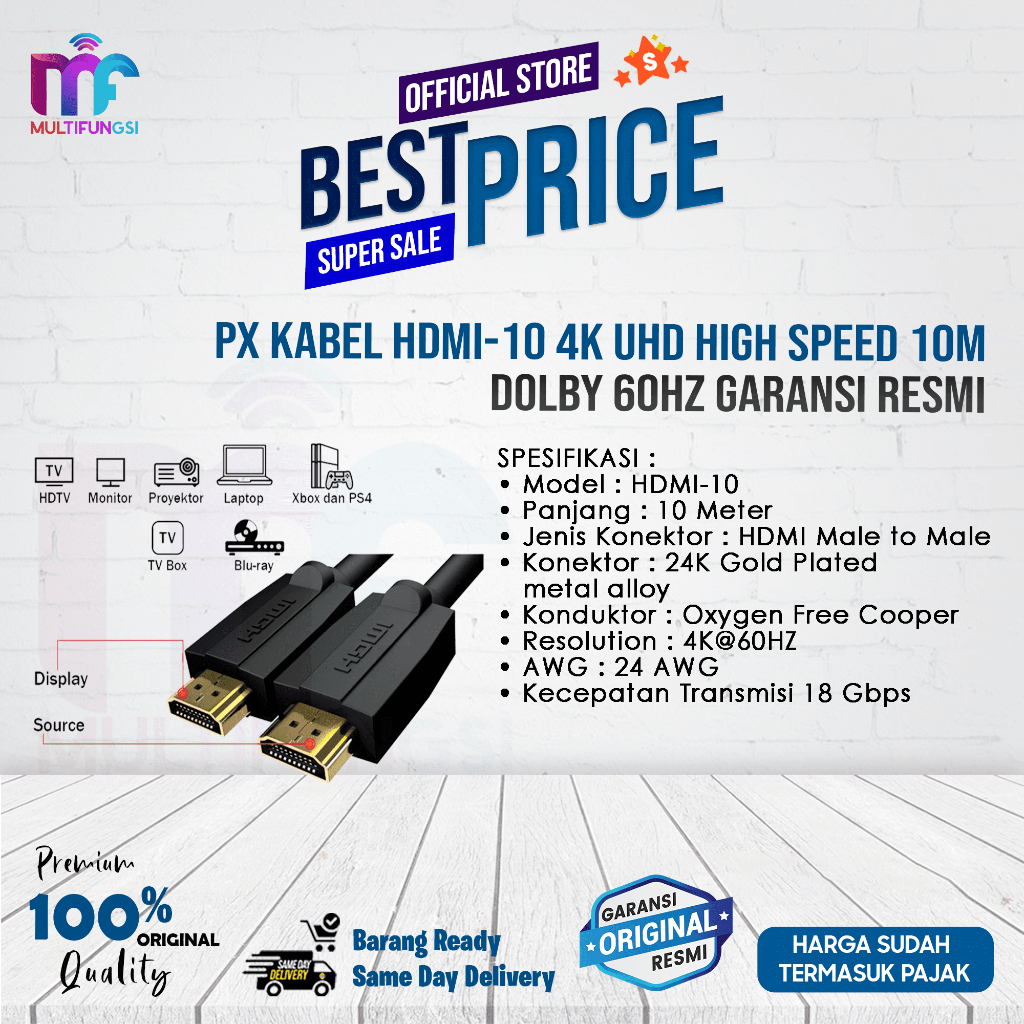 Jual PX Kabel HDMI-10 4K UHD High Speed 10m Dolby 60Hz Garansi Resmi
