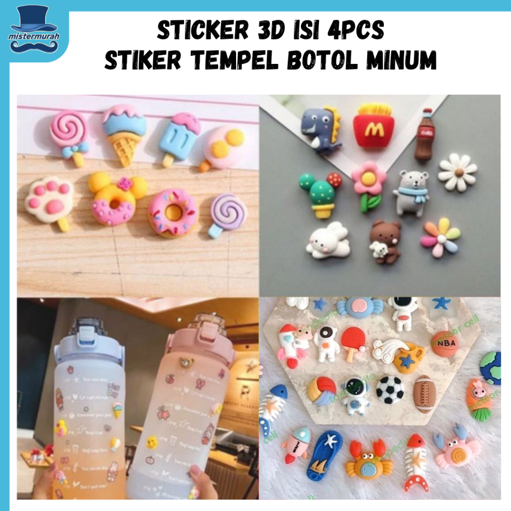 Jual Sticker 3D Isi 4pcs Botol Minum Viral Karakter Stiker 3D Set ...