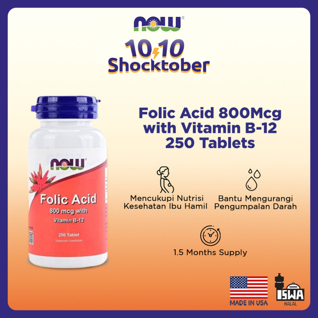 Jual NOW Supplements, Folic Acid 800Mcg With Vitamin B-12, 250 Tablets ...