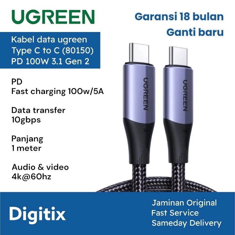 Jual UGREEN Kabel Data Type C to C PD Fast Charging 100W 5A 10Gbps 1m ...