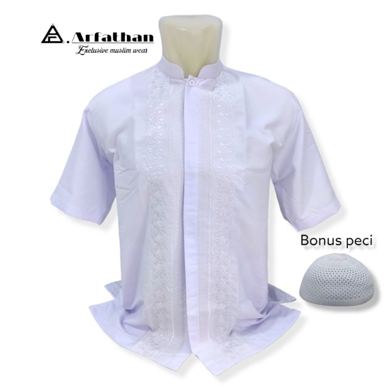 Baju Koko Lengan Pendek Putih Size M L XL / baju muslim laki laki motif bordir baju Koko terbaru / baju takwa pria dewasa / seragam baju Koko bordir putih Arfathan ARF015