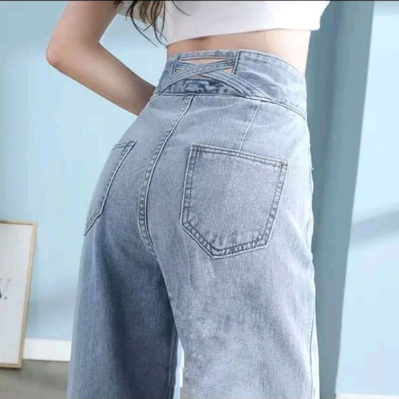 Jual Petter Denim Celana Jeans Wanita Highwaist Kancing Model Belakang Silang Highwaist