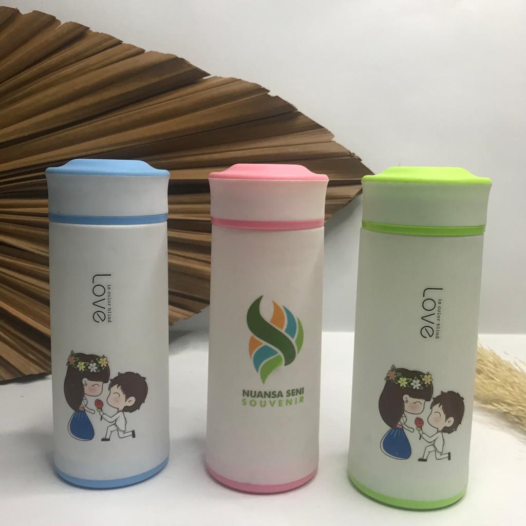 Jual Souvenir Botol Minum Pure Love Mini Tumbler Kaca Motif 350ml Termos Travel Infuser Water 3418