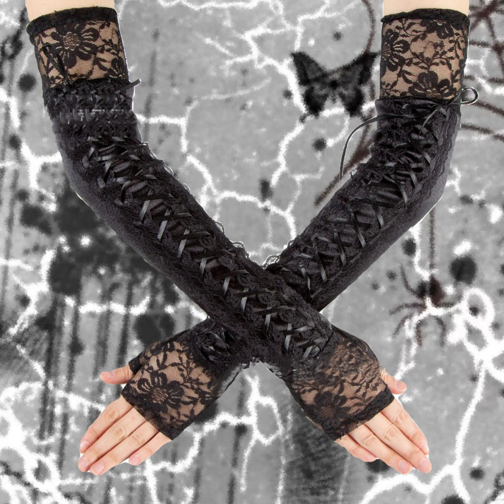 Jual Gothic Punk Ladies Mesh Floral Long Fingerless Lace Gloves