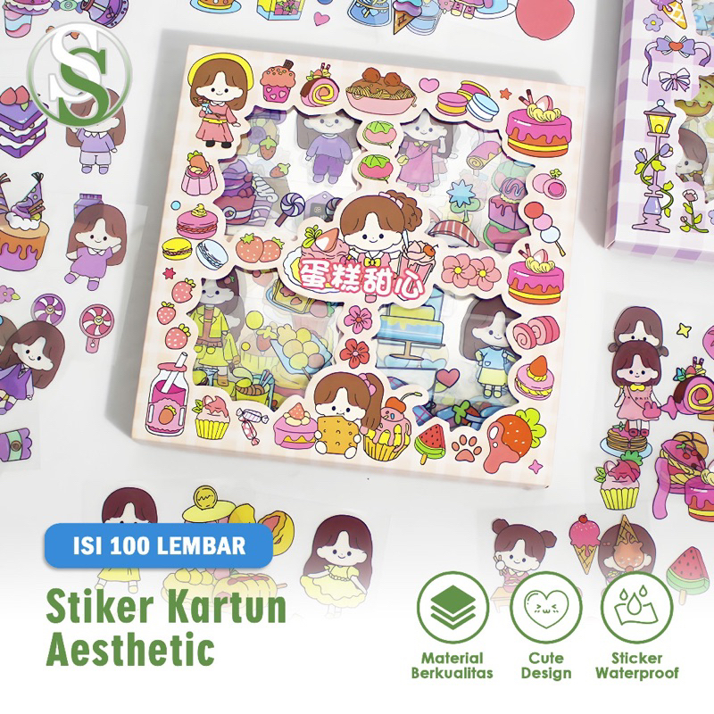 Jual Stiker Kartun Aesthetic 2D 100 Lembar / Stiker Anak Lucu 100