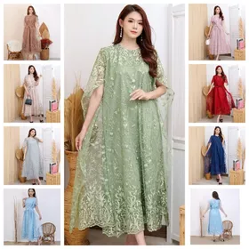 (SUPLIER) Long Dress Nagita Brukat Tile Bordir Mutiara Gliter LongDress Tille Tulle Brokat
