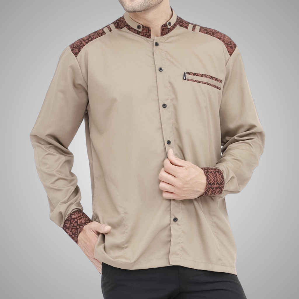 Jual Baju Koko Pria Lengan Panjang Kombinasi Batik Warna Coklat Elrumi