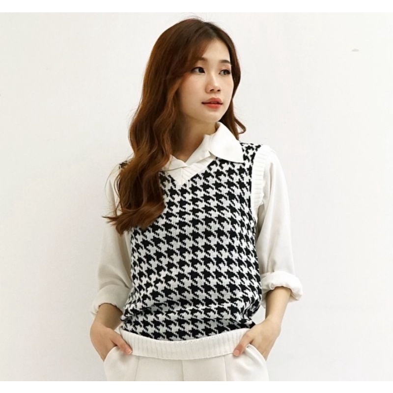 Jual [BISA COD] Jennie Vest Rajut Houndstooth Vest Rompi Korea