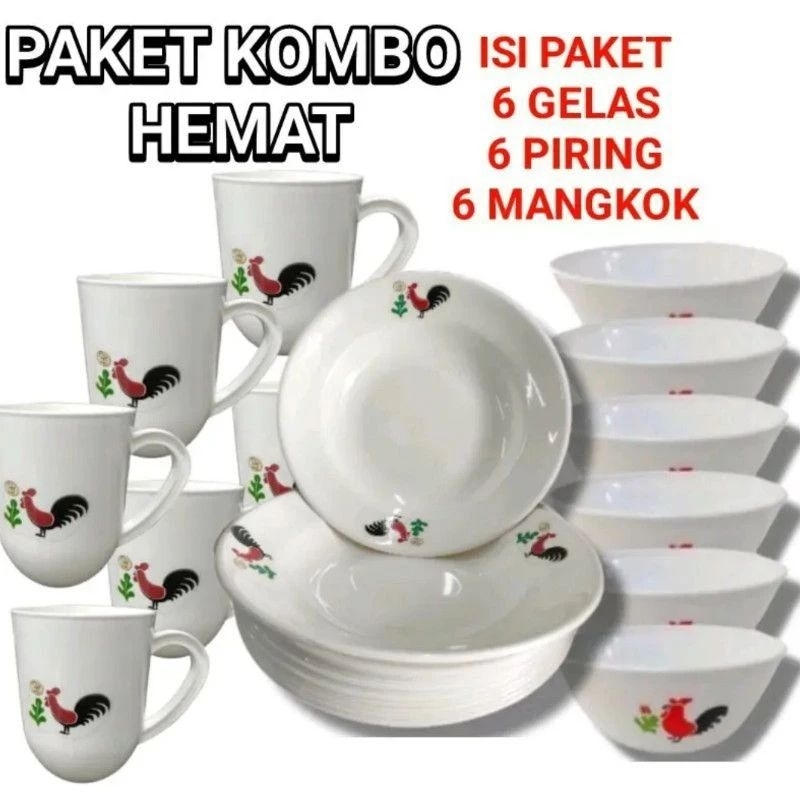 Paket kombo 6 piring + 6 gelas + mangkok berat 1 kg