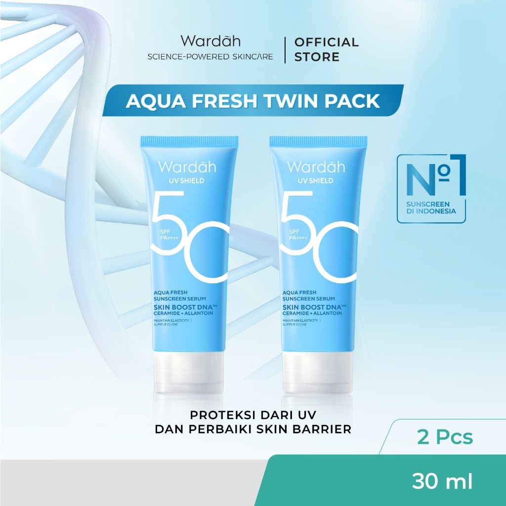 Wardah UV Shield Aqua Fresh Essence SPF 50 30 ml Twinpack - Sunscreen Wajah 0% Alkohol - Tekstur Ringan - Menghidrasi - Untuk Semua Jenis Kulit