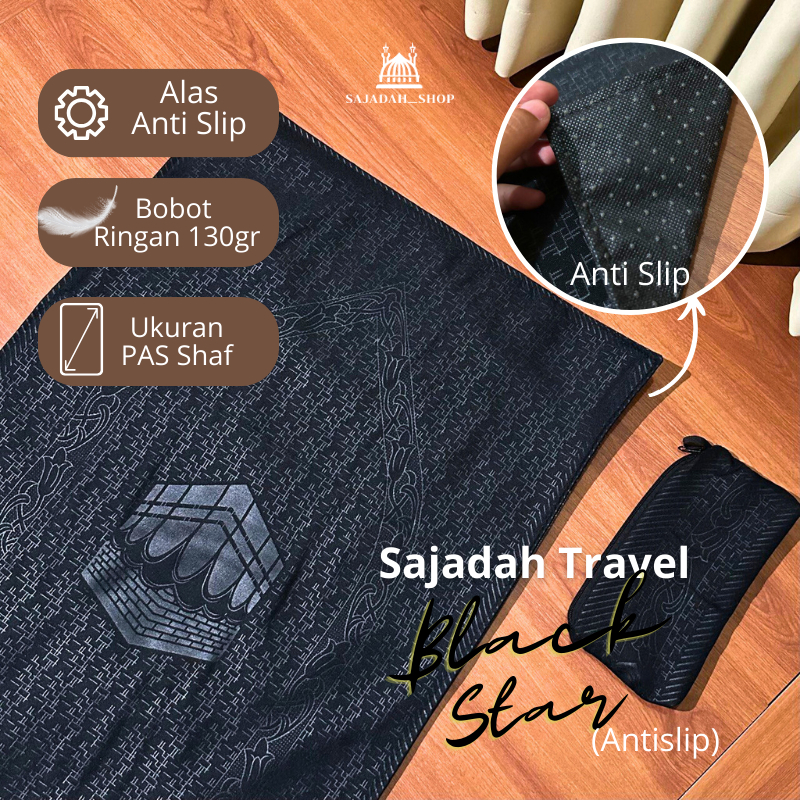 Sajadah Travel Motif Black Star ANTI SLIP Dengan Pouch Seleting