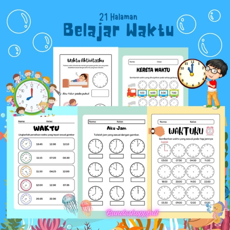 Jual printable Worksheet belajar waktu dan jam 21 hlmn latihan soal