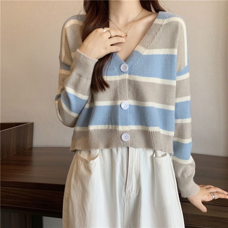 Jual Ajw Cardigan Crop Rajut Korean Style Wak Cardigan Stripe Wanita Kekinian Rajut Import