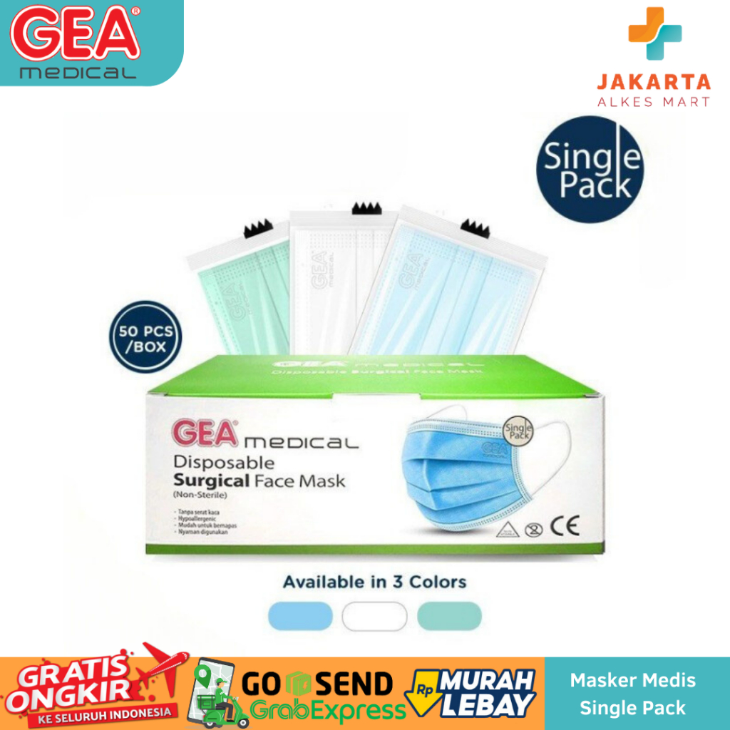 Jual Masker Medis Gea Surgical Mask Earloop 3 Ply Single Pack Isi 50 ...