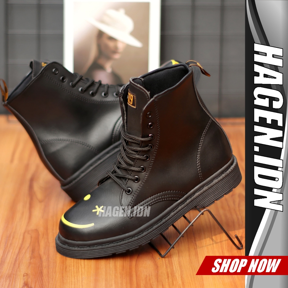 Jual HGN Berly Black Sepatu Boots Pria Tinggi Docmart Smiley Formal ...