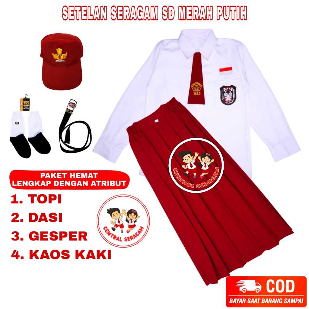 Setelan Lengkap Seragam Sekolah Sd Perempuan Cewek Merah Putih Baju Panjang Rok - foto 3