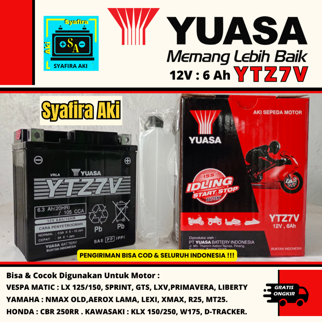 Jual AKI MOTOR YAMAHA NMAX OLD,AEROX 155,LEXI,HONDA PCX YTZ7V YUASA 6