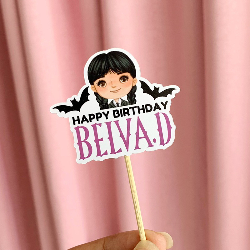 Jual Cupcake Topper Karakter Wednesday Custom Pakai Nama Tusukan Kue
