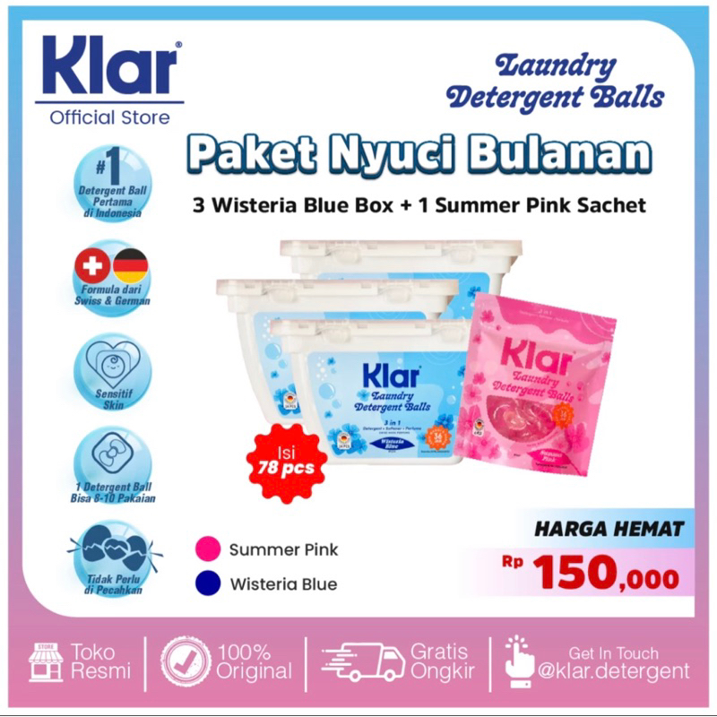 Jual Klar Laundry Detergent Ball 3 in 1 (Paket Nyuci Bulanan) 78pcs