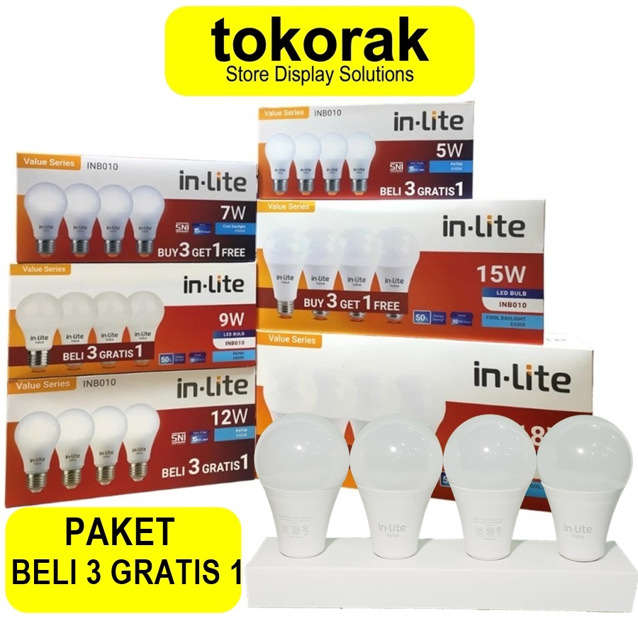 Jual Lampu Bulb Inlite 5 7 9 12 15 18 Watt Putih Beli 3 Gratis 1 Inb010