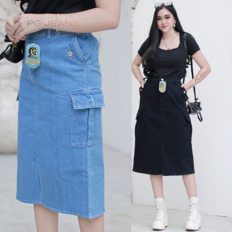 Jual Blue Treads - Trend Rok Jeans Kargo wanita / Midi Highwayst Karet ...