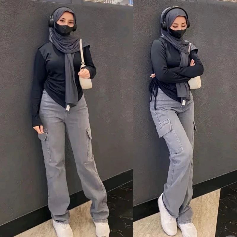 Jual Celana Jeans Wanita - Highwaist Cargo Jeans Wanita - Celana Jeans