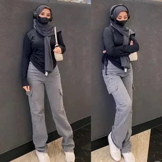 Celana Jeans Wanita - Highwaist Cargo Jeans Wanita - Celana Jeans Cargo Kantong Samping Premium