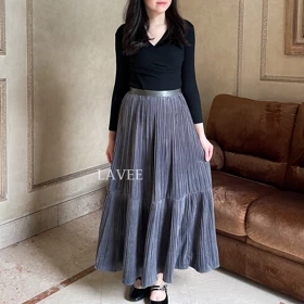 LAVEE Nami Skirt Rok Plisket Suede Panjang Rok Wanita Ruffle 2 Susun Long Pleated Maxi Skirt