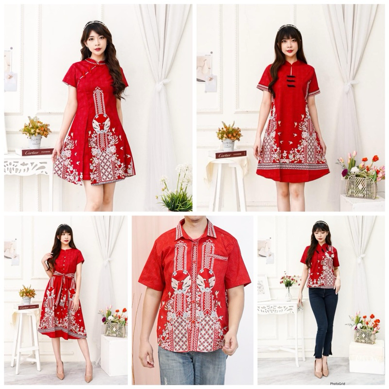 Jual Dress Merah Batik Sangjit Cheongsam Batik Couple Seragam Keluarga Qipao Congsam Peacock 