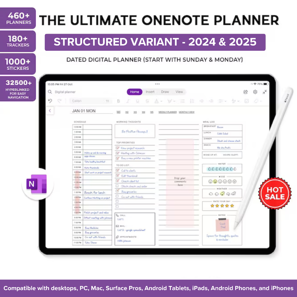 Jual OneNote Digital Planner 2024 & 2025 Dated Hyperlinked Daily Weekly