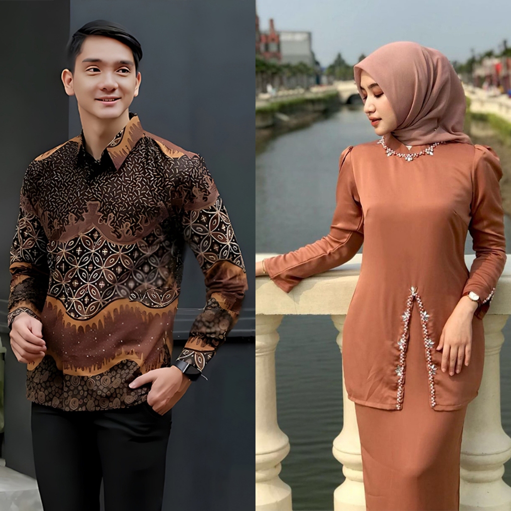 Jual Azkana Batik Couple Kebaya Oneset Kurung Melayu Terakota Kebaya