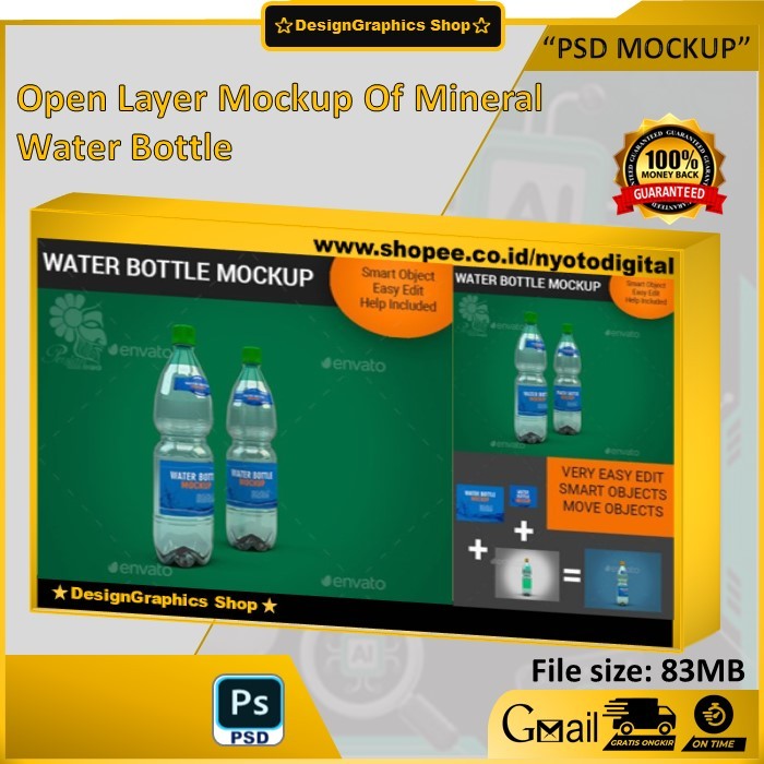 Jual Mockup Botol Bening Tranasparan Air Mineral Water Bottle Bundle