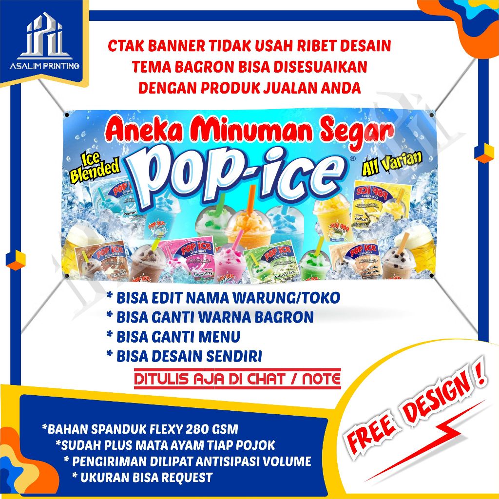 Jual Spanduk Pop Ice Warmindo Banner Warung Kopi Backdrop Jualan Bisa Custom Free Desain