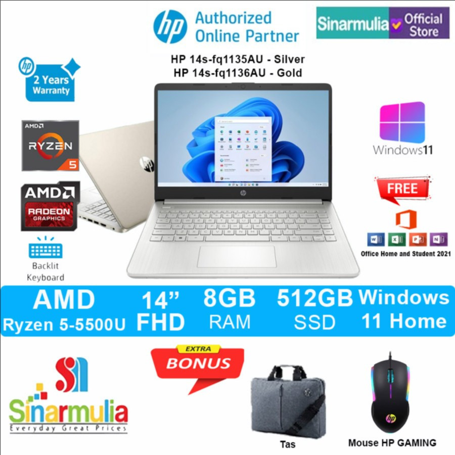 Jual Laptop Hp 14s Fq1135aufq1136au Ryzen 5 5500u 512gb Ssd 8gb Ips Win11 Shopee Indonesia 0789