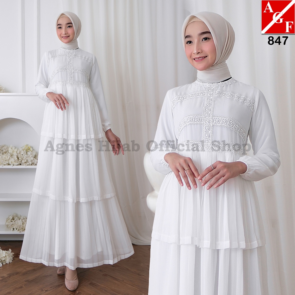 Jual Gamis Abaya Putih Brukat Mewah Pesta Maxi Wanita Syari Zhiva Dress