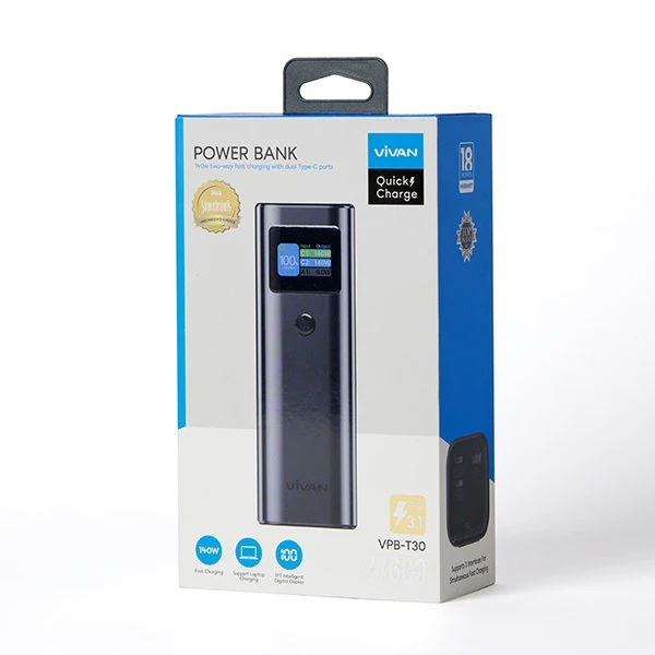 VIVAN Smart Powerbank 27600mAh VPB-T30 3 Output Fast Charging 140W PD QC 3.0 Support Notebook Garansi 18 Bulan