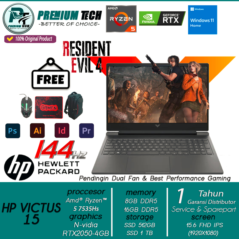 HP Victus 15-fb1013dx AMD Ryzen 5 7535HS – 16GB DDR5 RAM / 512GB SSD, 15.6″ 144Hz FHD IPS LED Display, NVIDIA GeForce RTX 2050 4GB Graphics, WIN 11