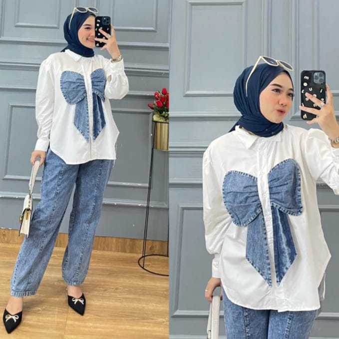 Jual Vallina Outfit Lovita One Set Ribbon Shirt Jeans Pants Setelan