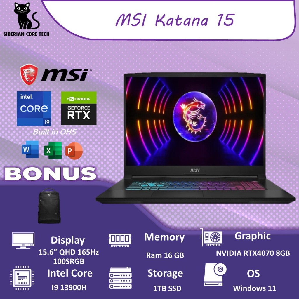 Jual MSI KATANA 15 I9 13900H RTX4070 8GB | RAM 16GB / 1TB SSD W11+OHS ...
