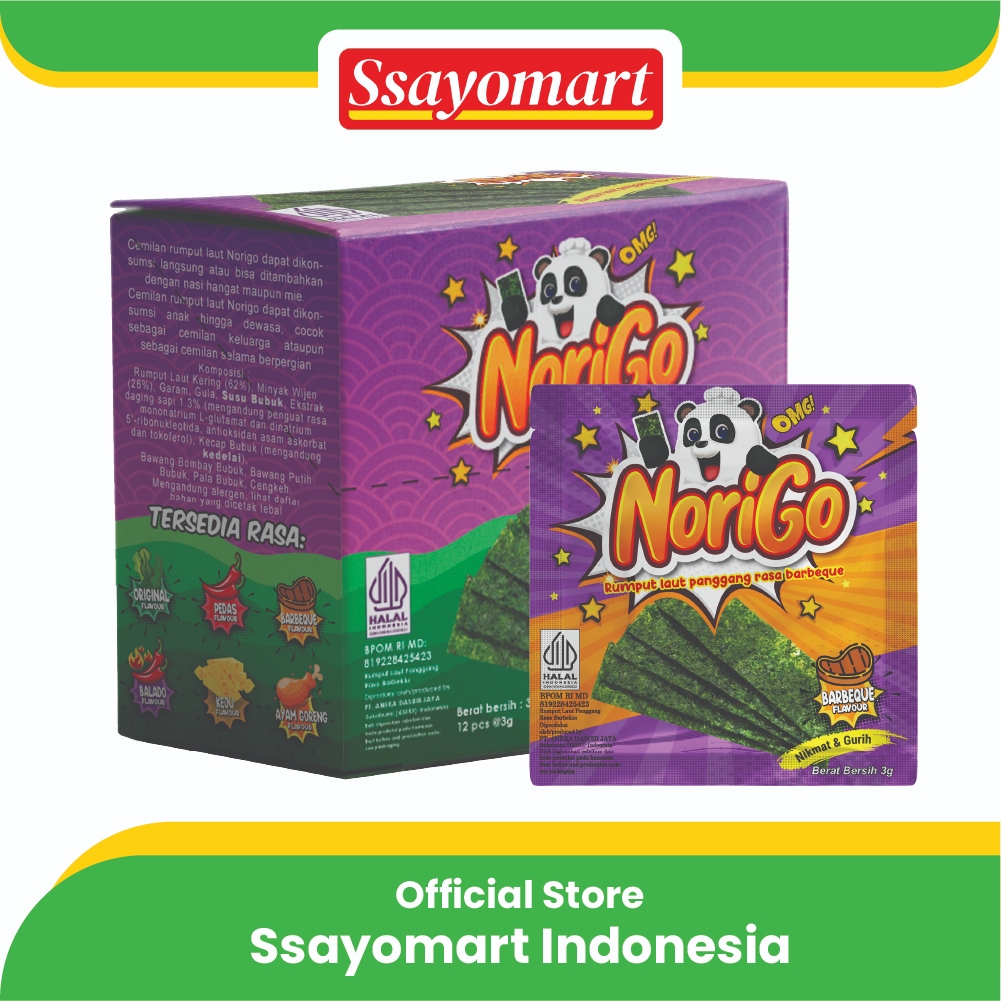 Jual Norigo BBQ 1 BOX ISI 12 PCS Nori Sachet Seaweed Snack 3g