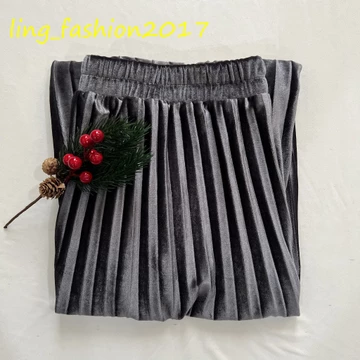 Rok Plisket Bludru Mewah Spring Autumn Woven Hight Waist Plester Long Skirt Rok Plisket Velvet