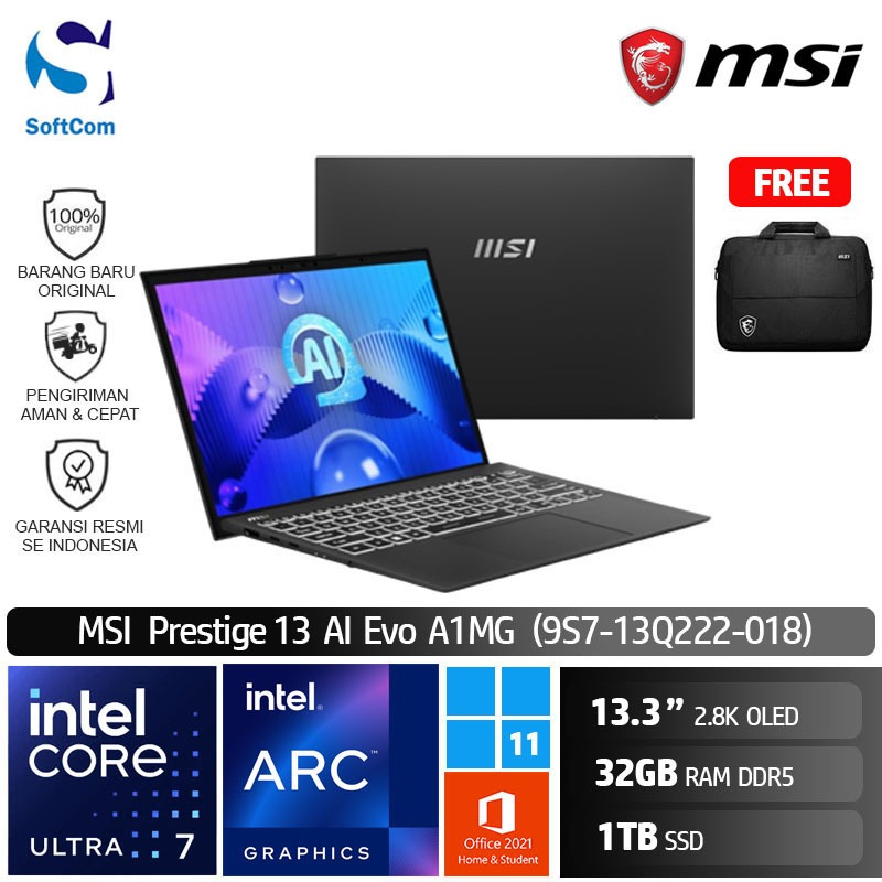 LAPTOP MSI PRESTIGE 13 OLED ULTRA 7 155 32GB 1TB SSD 13,3 OLED 2.8K - PAKET LENGKAP