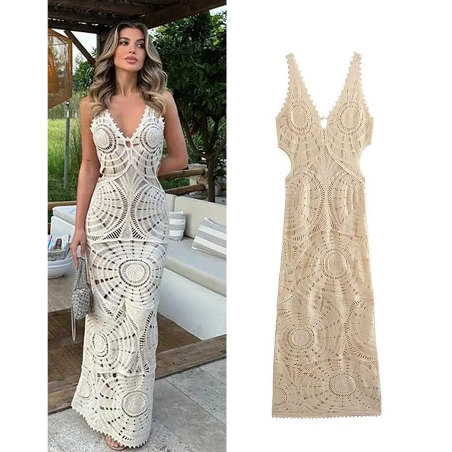 Jual LUCY beige crochet long dress pantai wanita / dress cover up